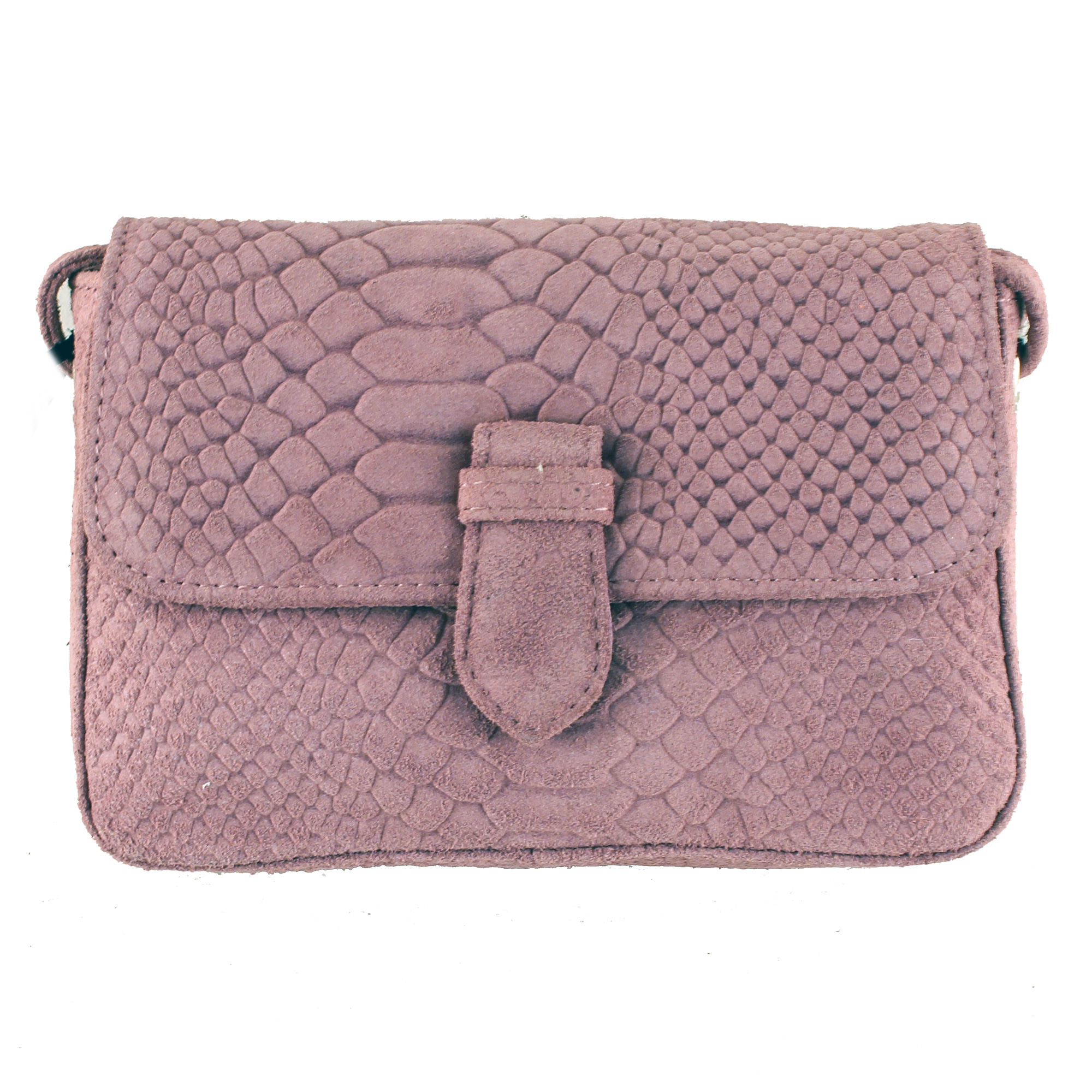Lilla rosa taske ruskind med reptil mønster taske med lang rem